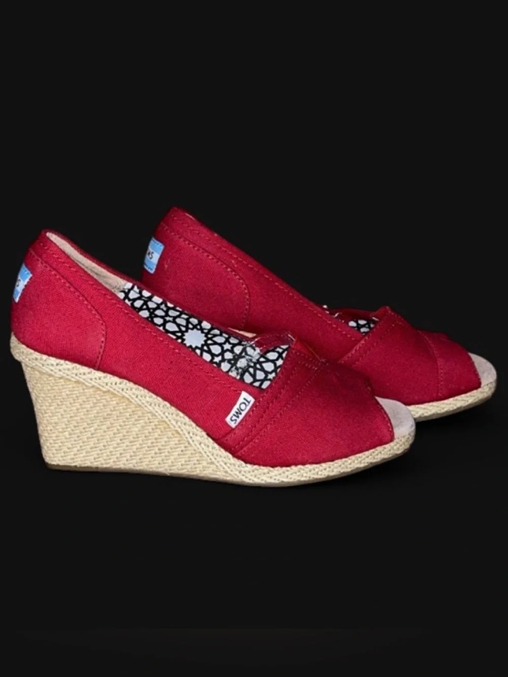 Toms Red Canvas Peep-Toe Espadrille Wedge